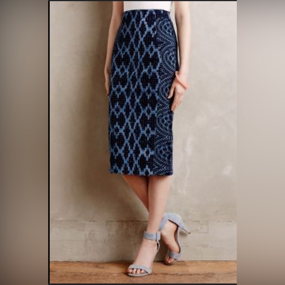 Anthropologie Plenty by Tracy Reese Blue Geo Ikat pattern Pencil Skirt